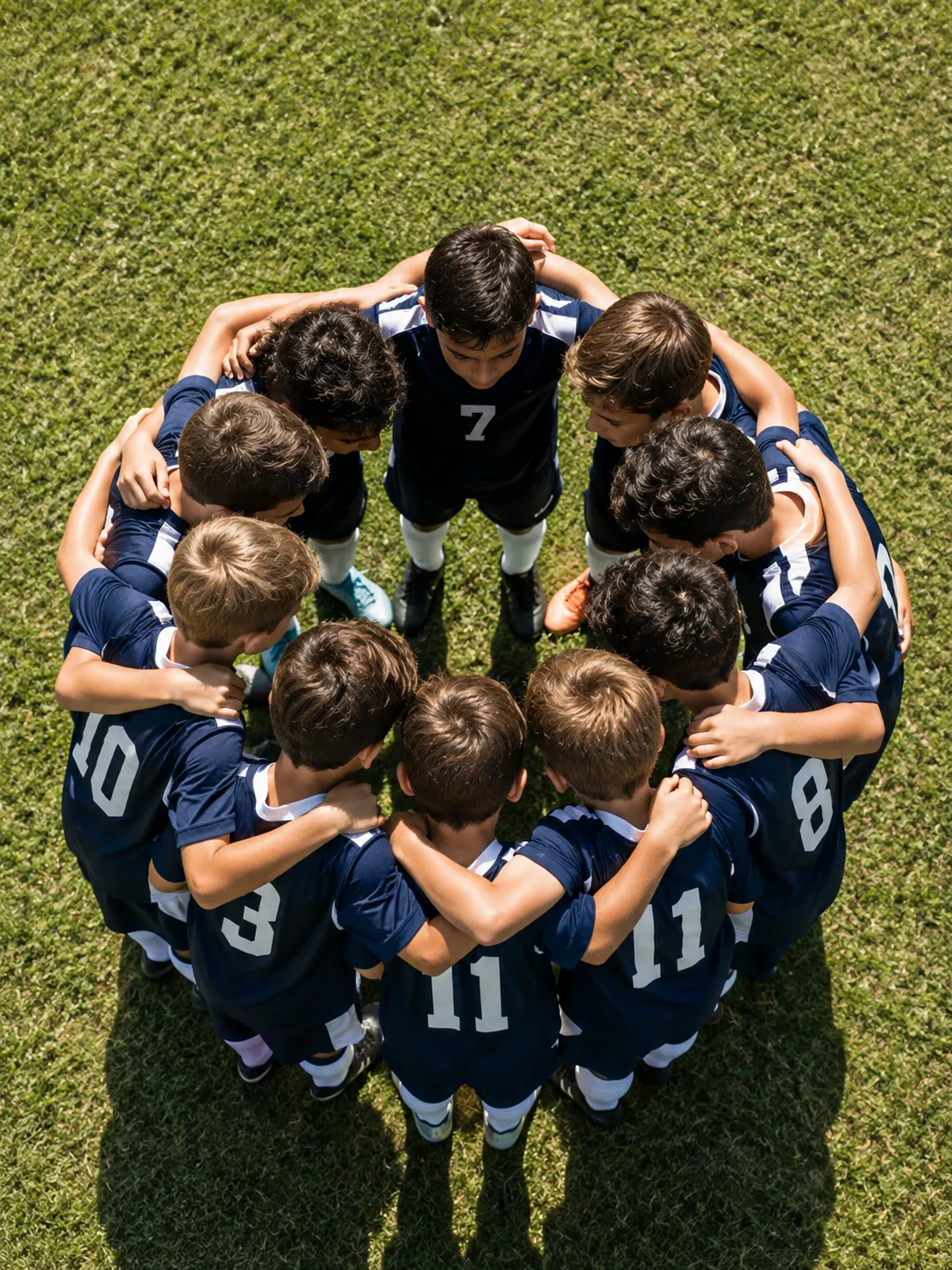 Youth soccer team huddled together on the field