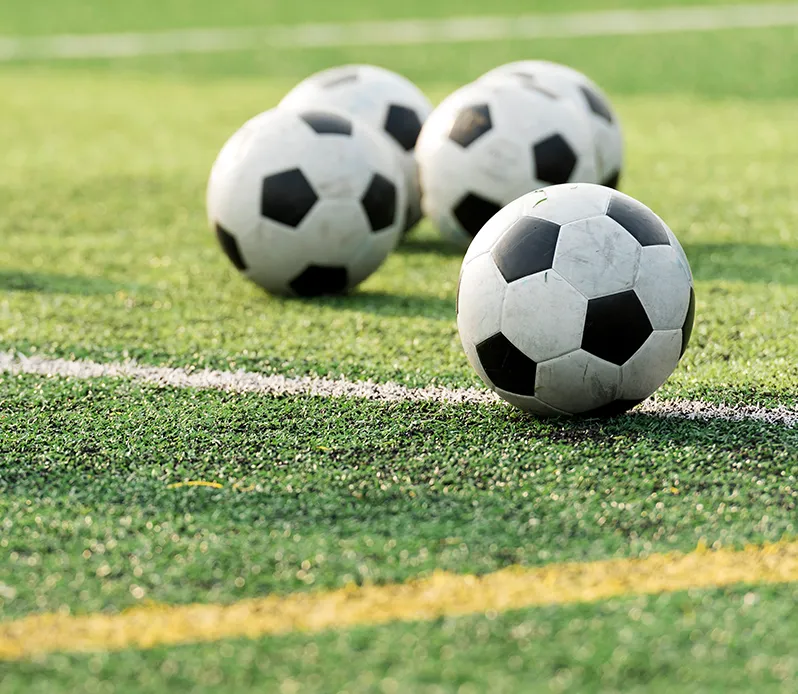 Soccer balls lined up on a sunny training pitch