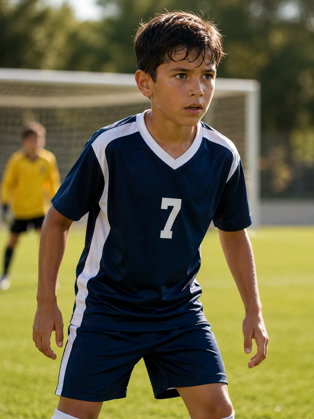 Young soccer player focused on the field