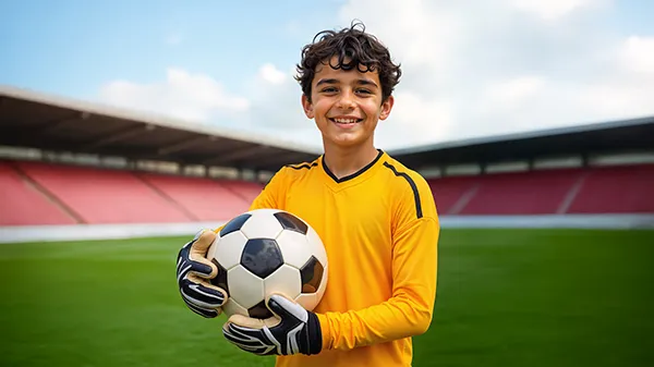 Youth soccer player holding a ball on the pitch